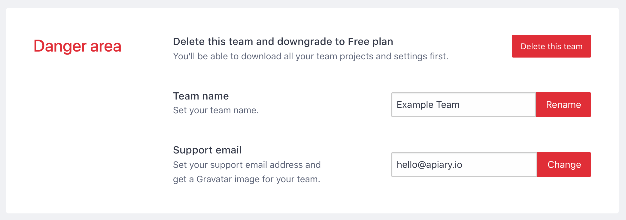Team Settings Danger Area