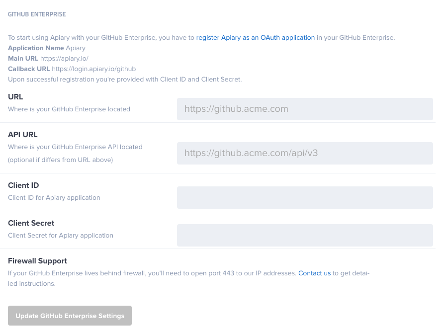 GitHub Enterprise Settings in Apiary